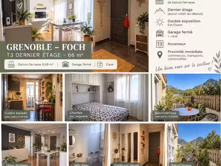 a vendre - appartement grenoble quartier de l’aigle/foch– dernier étage – t3 balcon/terras