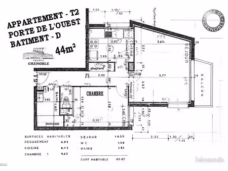 appartement · 2 pièces · 44m² · étage 6/6 avec cave + garage