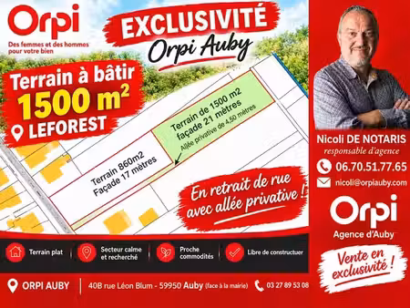 vente terrain 1500 m² à leforest (62790)  124 490 €