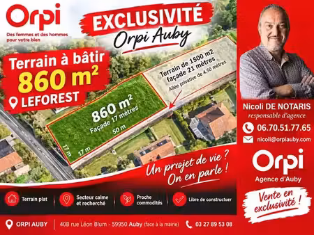 vente terrain 850 m² à leforest (62790)  88 490 €