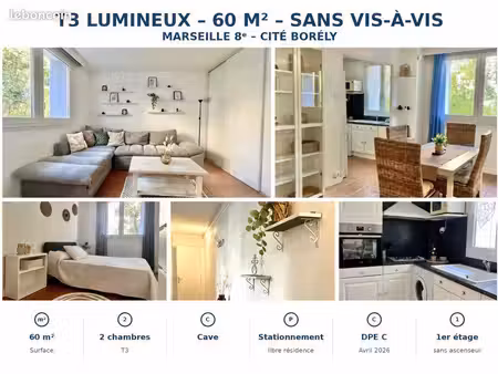 t3 lumineux 60m2 sans vis-à-vis  marseille 13008