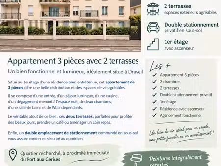 draveil centre – 3 pièces 61 50 m² – 2 terrasses – double parking – direct propriétaire