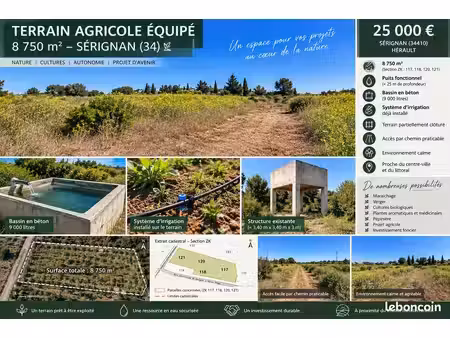? terrain agricole équipé – 8 750 m² – sérignan (34410) ? puits • bassin 9 000 l • système