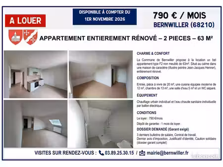 f2 rénové 63 m² – bernwiller – disponible 01/11/2026