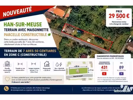 terrain 750 m² han sur meuse