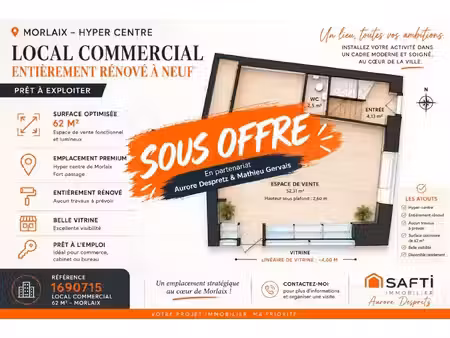 vente commerce 1 pièce 62 m² morlaix (29600)