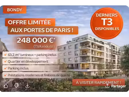 vente appartement 2 pièces 64 m² bondy (93140)