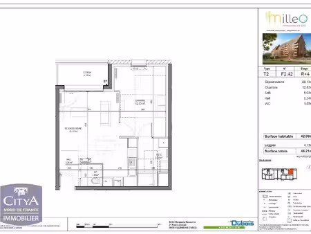 appartement à louer 2 pièces 42.08 m² - marquette-lez-lille (59) - 638€