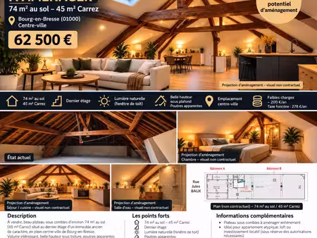 plateau sous combles 74 m² au sol – centre bourg-en-bresse – fort potentiel