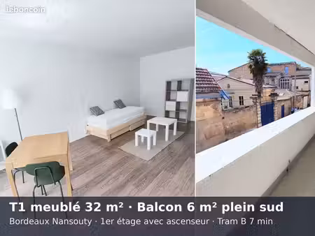t1 meublé 32m² - balcon 6m² plein sud - nansouty