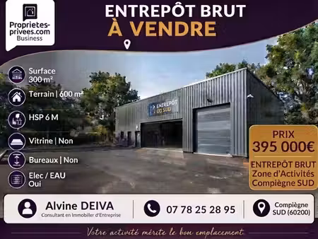 compiegne - local brut 300 m² entrepôt sur 600 m² de terrain