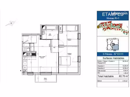 appartement 3 pièces 60 m²