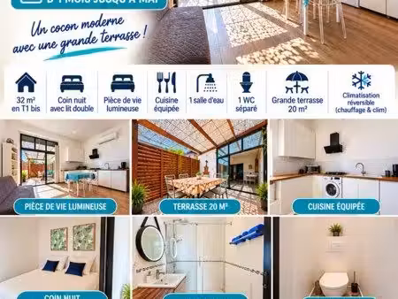 vias centre – t1 bis meublé 32 m² avec terrasse de 20 m²