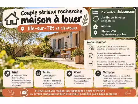 couple sérieux recherche maison à louer avec extérieur – ille-sur-têt et alentours