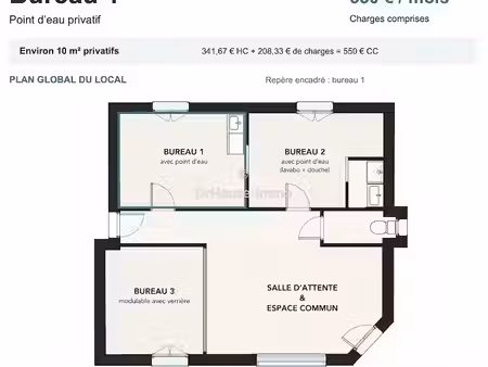 location meublée locaux professionnels 1 pièce 10.35 m² à corbeil-essonnes (91100)  550 €