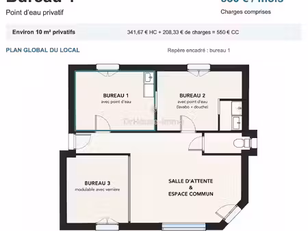 bureau meublé avec point deau environ 10 m² corbeil-essonnes