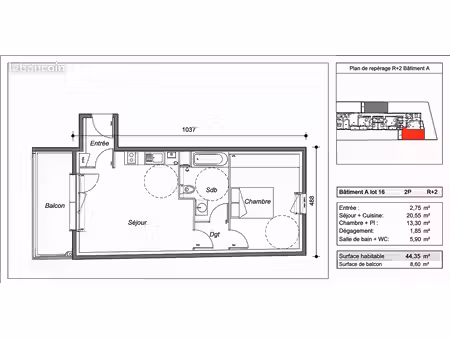 appartement 2 pièces 44 m²