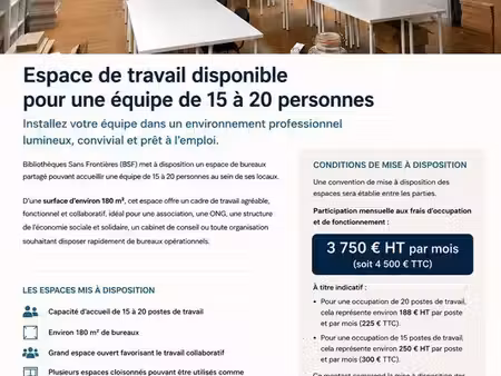 esapce de travail disponible pour une équipe de 15 à 20 personnes