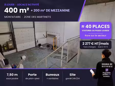 montataire - loacl d'activite 400 m² + mezzanine de 200 m2   parking pl sur site