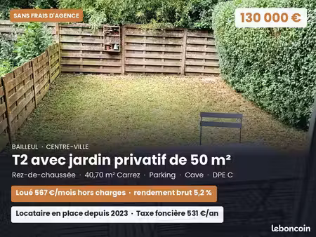 t2 avec jardin privatif 50 m² – bailleul centre – loué 567 hc