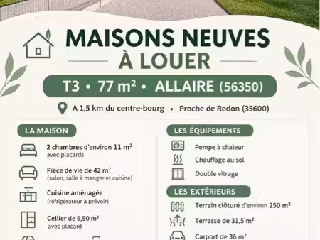 ? maisons neuves t3 à louer à allaire (56350)