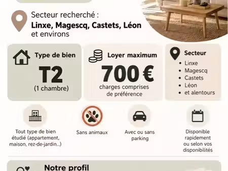 ? jeune couple sérieux – recherche appartement t2 à louer
