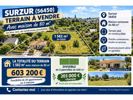 terrain constructible de 1582 m2 à surzur centre à 10 km de vannes