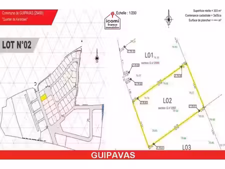 finistere - guipavas (29490) - a vendre - terrain de 303m² constructible en lotissement - 