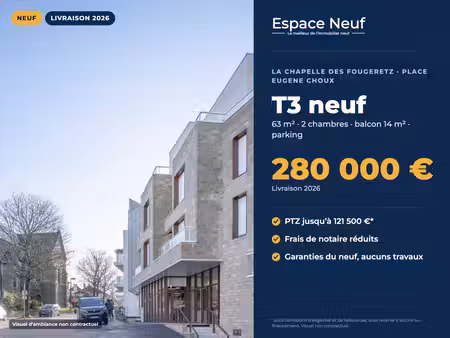 thorigne fouillard - plein centre - t3 avec balcon et parking