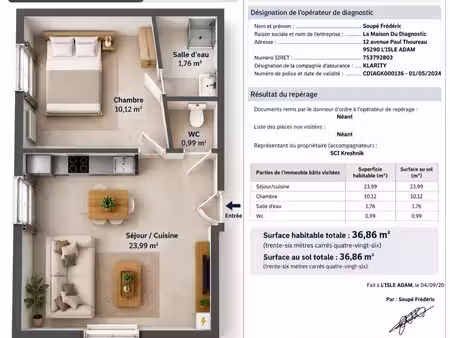 à louer – t2 meublé de 36 86 m² – climatisation réversible – méru centre