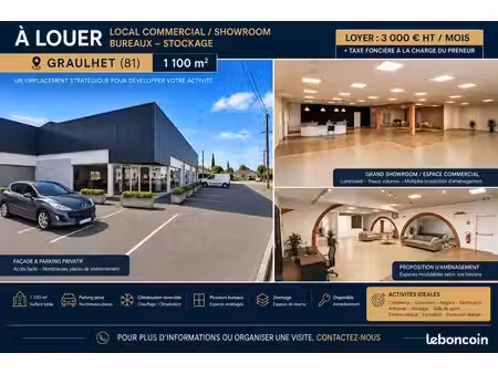à louer – bâtiment commercial 1 100 m² avec parking – graulhet