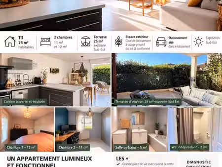 t3 74 m² rez-de-chaussée avec terrasse de 28 m² – résidence 2012