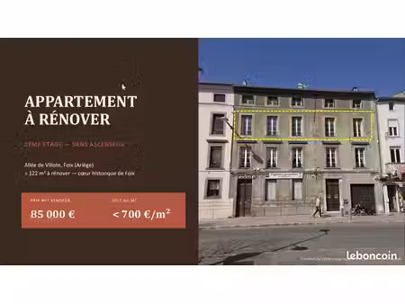 appartement 5 pièces/122m²/2eme/centre de foix/plein sud  85 000   à rénover