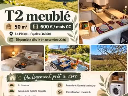 fajoles – t2 meublé 50 m² – 600 tout compris – prêt à vivre