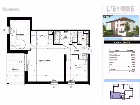 appartement 3 pièces 64 m²