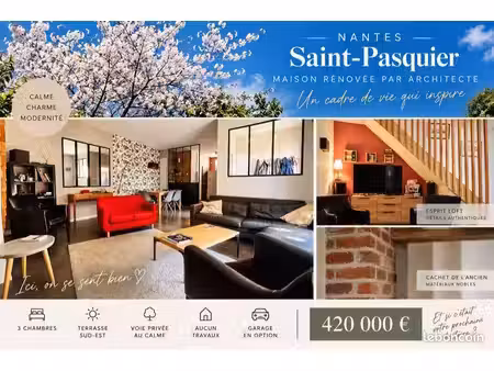 nantes saint-pasquier : maison rénovée au calme de sa terrasse sud et garage en option