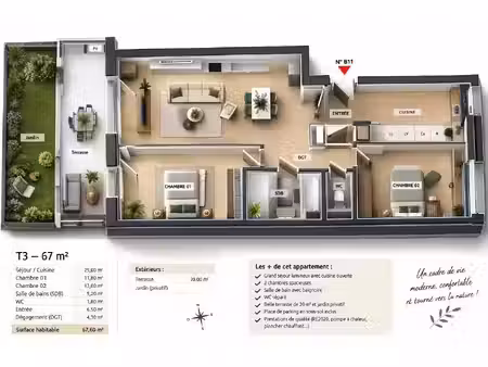 haguenau centre !! magnifique t3 de 68m² avec terrasse de 20m² orientée sud-ouest-les frai